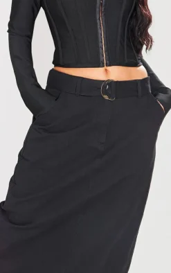 Black Heavy Twill Belted Midaxi Skirt