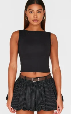 Black Herringbone Print Belted Tailored Puffball Mini Skirt