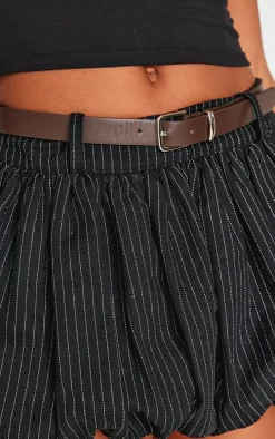 Black Herringbone Print Belted Tailored Puffball Mini Skirt