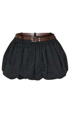 Black Herringbone Print Belted Tailored Puffball Mini Skirt