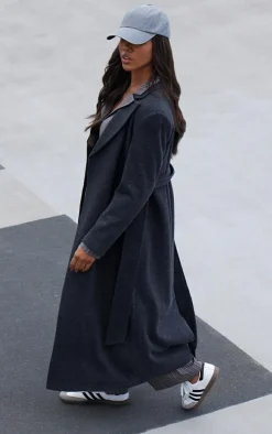 Black Herringbone Self Tie Maxi Coat