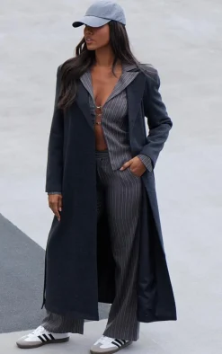 Black Herringbone Self Tie Maxi Coat