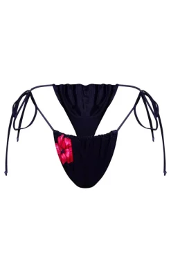 Black Hibiscus Print Tie Side Bikini Bottoms