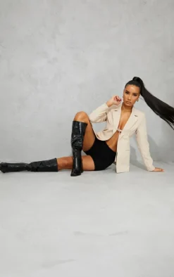 Black High Block Heel Croc Knee High Boots