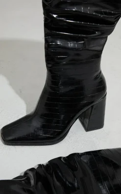 Black High Block Heel Croc Knee High Boots