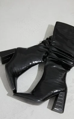 Black High Block Heel Croc Knee High Boots