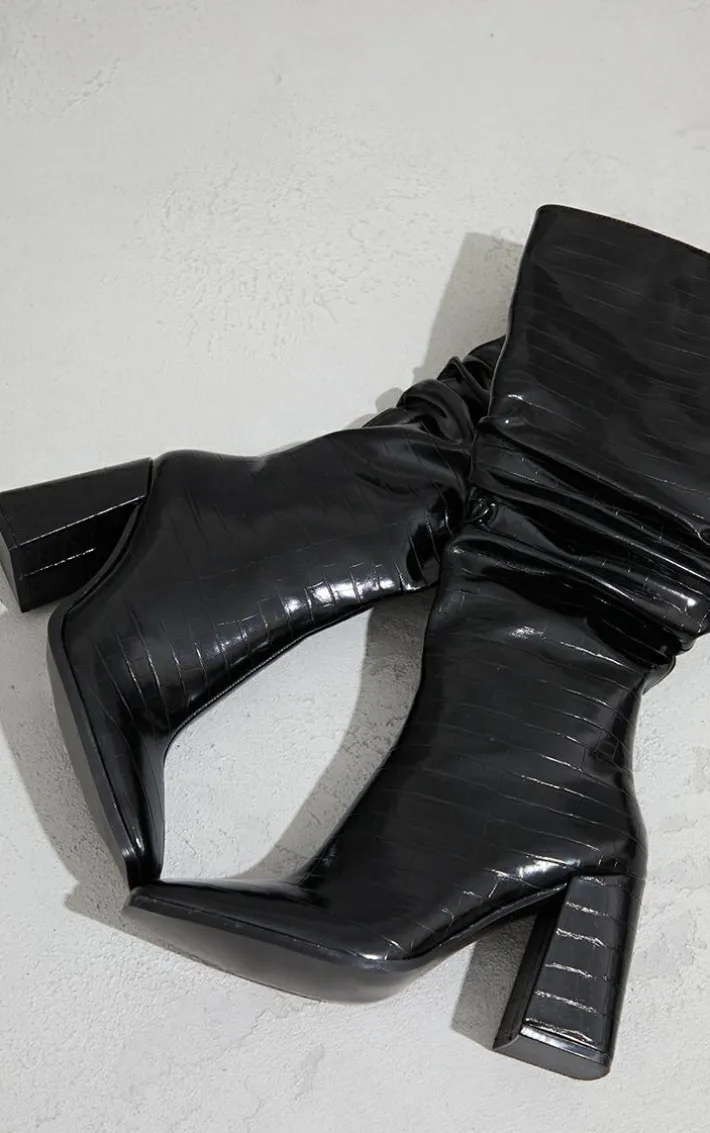 Black High Block Heel Croc Knee High Boots