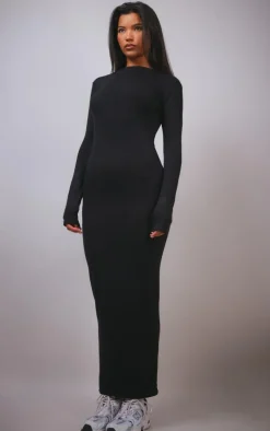 Black High Neck Boat Neck Split Maxi Dress