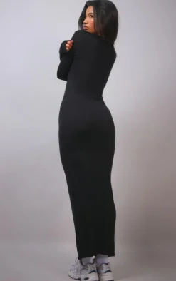 Black High Neck Boat Neck Split Maxi Dress