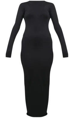 Black High Neck Boat Neck Split Maxi Dress