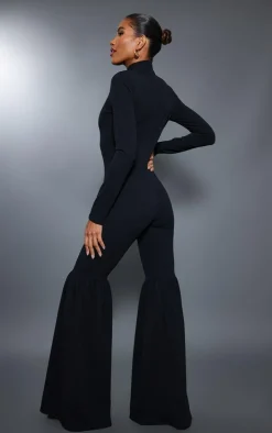 Black High Neck Extreme Flare Long Sleeve Jumpsuit