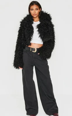 Black High Neck Faux Fur Cropped Jacket