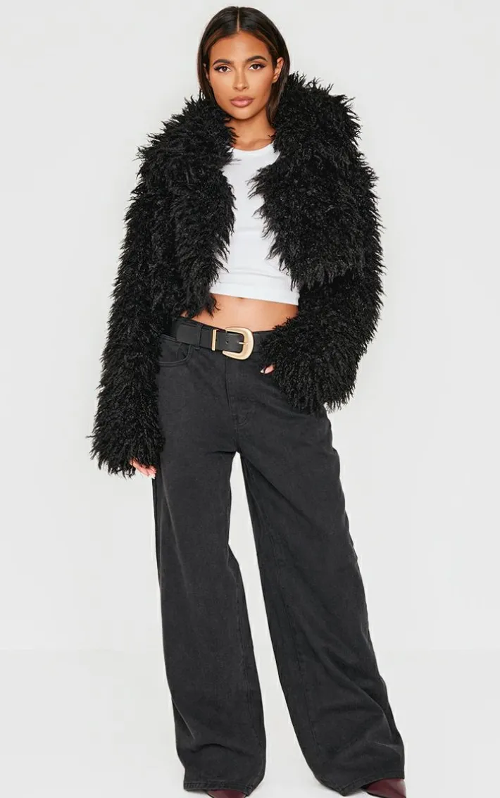 Black High Neck Faux Fur Cropped Jacket