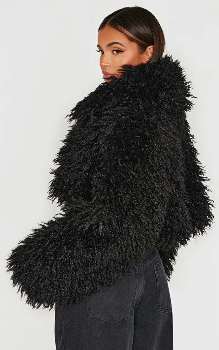 Black High Neck Faux Fur Cropped Jacket