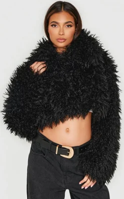 Black High Neck Faux Fur Cropped Jacket