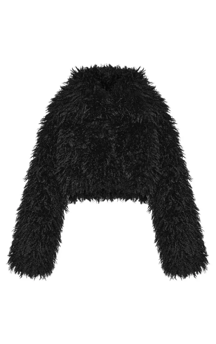 Black High Neck Faux Fur Cropped Jacket