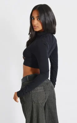 Black High Neck Long Sleeve Crop Top