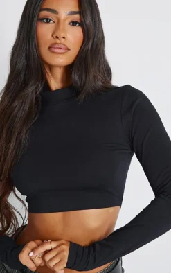 Black High Neck Long Sleeve Crop Top