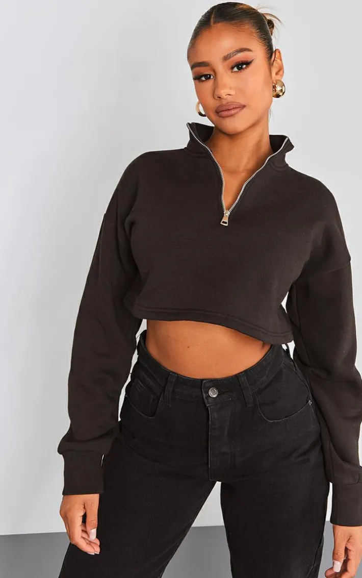 Black High Neck Zip Up Cropped Sweatshirt