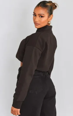 Black High Neck Zip Up Cropped Sweatshirt