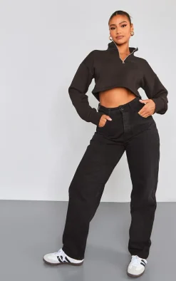 Black High Neck Zip Up Cropped Sweatshirt