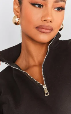 Black High Neck Zip Up Cropped Sweatshirt