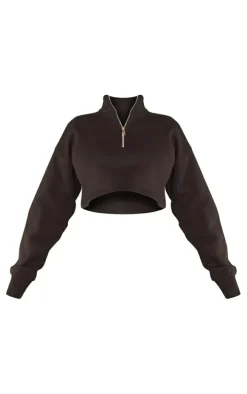 Black High Neck Zip Up Cropped Sweatshirt