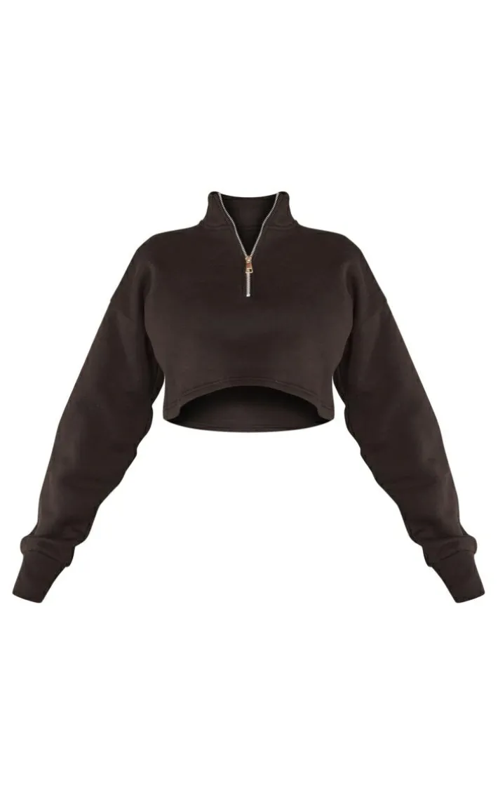 Black High Neck Zip Up Cropped Sweatshirt