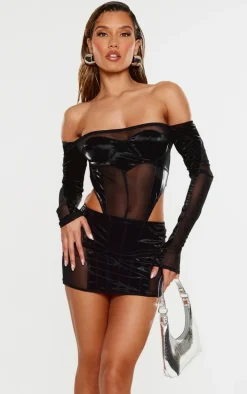 Black High Shine Panelled Bardot Corset