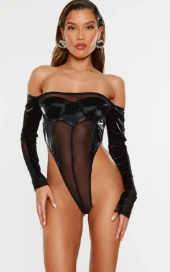 Black High Shine Panelled Bardot Corset