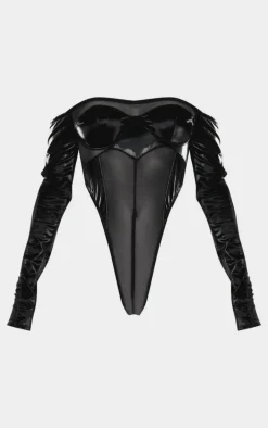 Black High Shine Panelled Bardot Corset