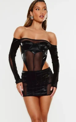 Black High Shine Panelled Extreme Micro Mini Skirt