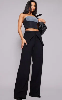 Black High Waisted Peplum Detail Straight Leg Pants
