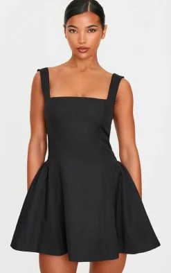 Black Hip Pleated Shift Dress