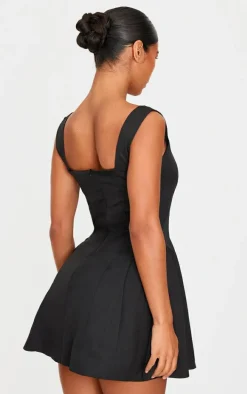 Black Hip Pleated Shift Dress