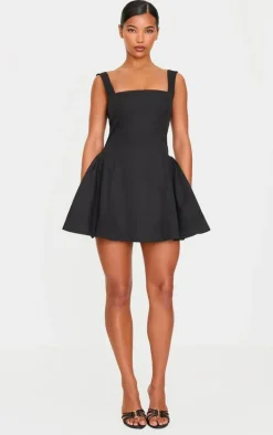 Black Hip Pleated Shift Dress