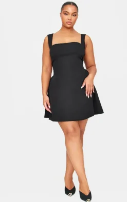 Black Hip Pleated Shift Dress