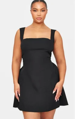 Black Hip Pleated Shift Dress