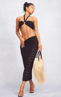 Black Hole Detail Knitted Midi Skirt