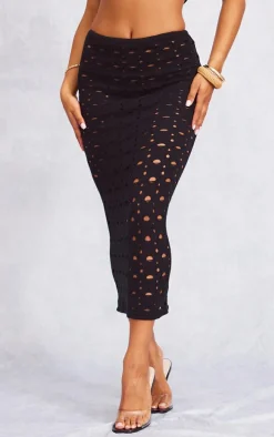 Black Hole Detail Knitted Midi Skirt