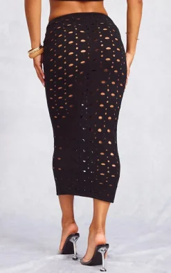 Black Hole Detail Knitted Midi Skirt