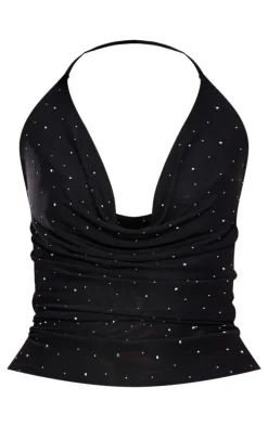 Black Hot Fix Cowl Neck Long Top