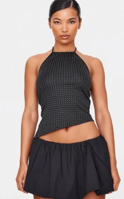 Black Hot Fix Halterneck Open Back Long Top