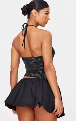 Black Hot Fix Halterneck Open Back Long Top