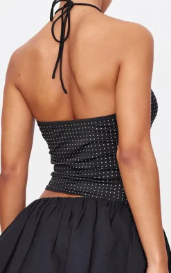 Black Hot Fix Halterneck Open Back Long Top