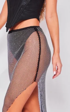 Black Hotfix Diamante Mesh Panties Insert Maxi Skirt