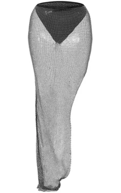Black Hotfix Diamante Mesh Panties Insert Maxi Skirt