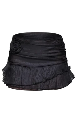Black Irridescent Chiffon Rose Detail Mini Skirt