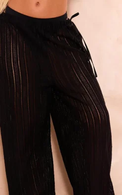Black Jacquard Elasticated Waist Wide Leg Pants