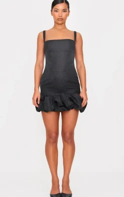 Black Jacquard Puff Ball Hem Mini Dress